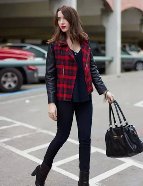 Red and Black Plaid Leather Jacket