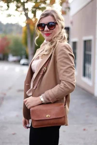 Camel Blazer with White Turtleneck Knit Sweater