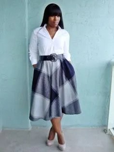 White Button Up Shirt with Grey Plaid Midi Flared Skirt with Pockets