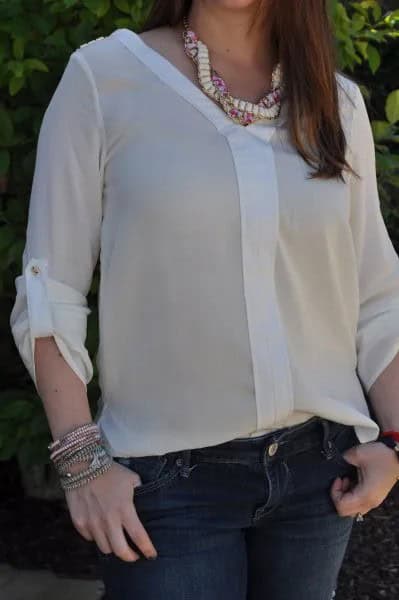 Chiffon Semi-Sheer Blouse with Dark Blue Skinny Jeans