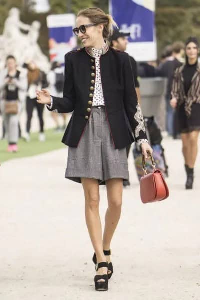 Black Blazer with White Polka Dot Blouse & Grey Tweed Shorts