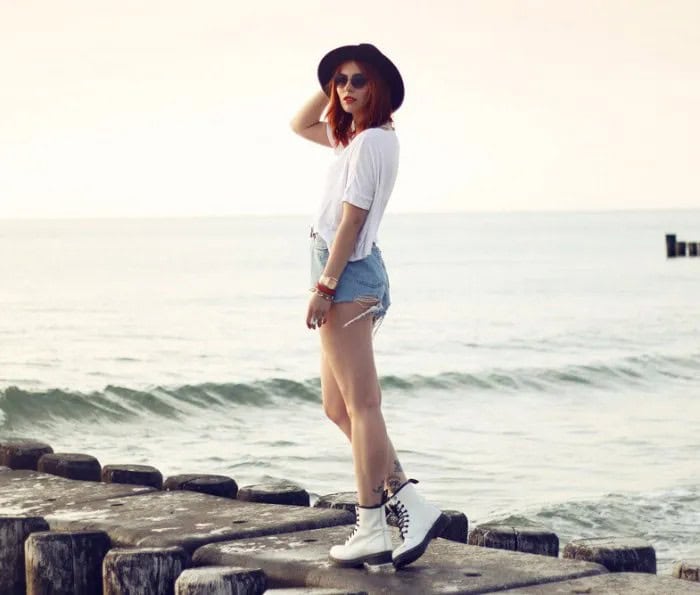 White Combat Boots with Black Lace