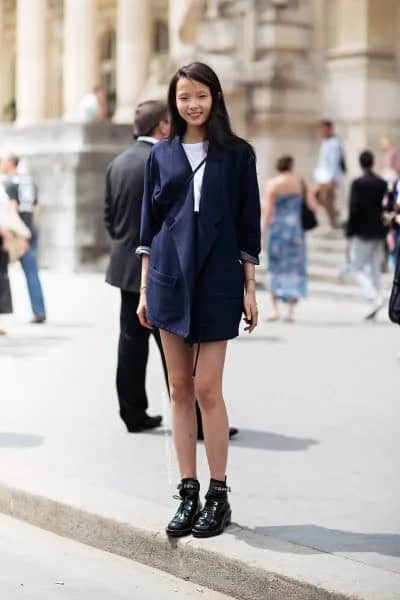 Navy Blue Longline Blazer with White Tee & High Waisted Mini Skirt