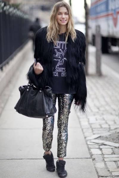 Black Faux Fur Coat with Sequin Pants