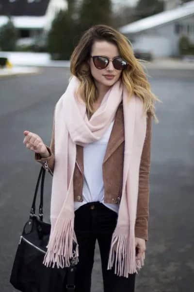 Light Pink Wool Fringe Scarf & Camel Suede Blazer Jacket