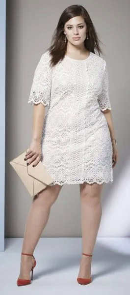 Ivory Scalloped Hem Sheath Lace Dress with Red Ankle Strap Heels