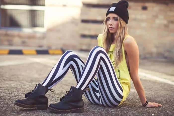 Yellow Printed Tank Top with Black and White Striped Leggings