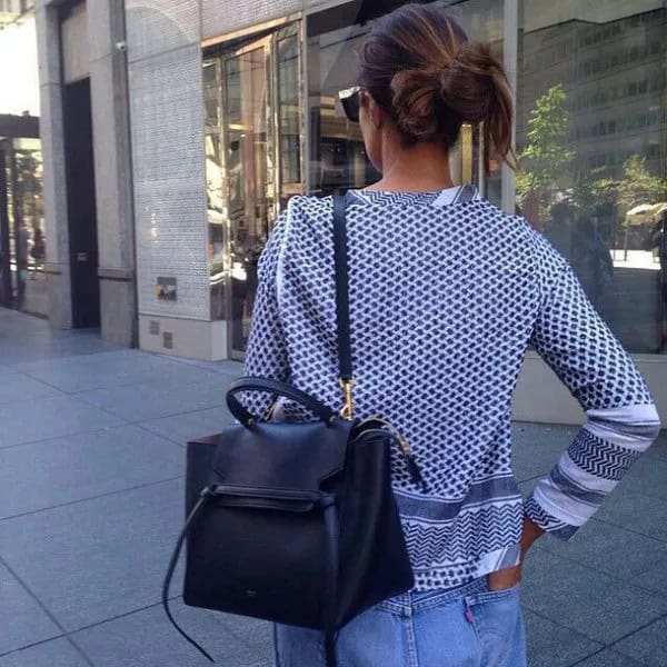 Black and White Tribal Printed Cardigan with Blue Jeans & Soft Leather Purse