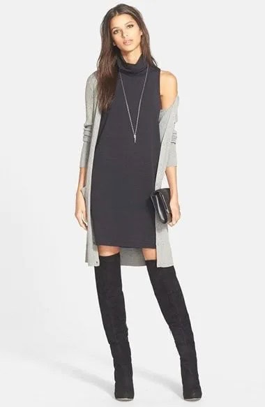 Black Sleeveless Turtleneck Dress with Grey Cardigan