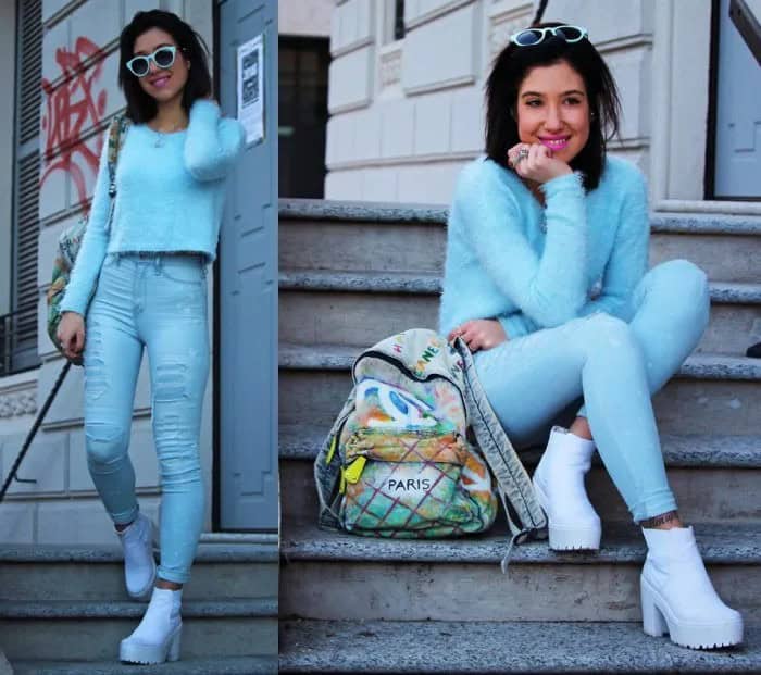 Sky Blue 3-Piece Set of Sweater, Jeans & Ankle Boots