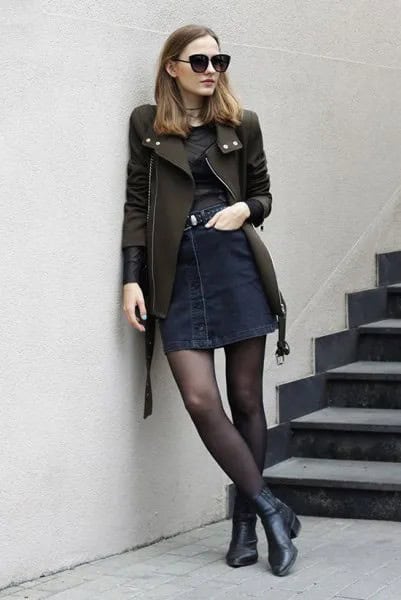 Wear with Black Leather Jacket & Denim Button Front Skirt