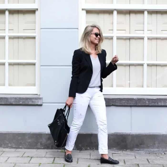 Black Blazer with White Slim Fit Jeans & Spiked Shoes