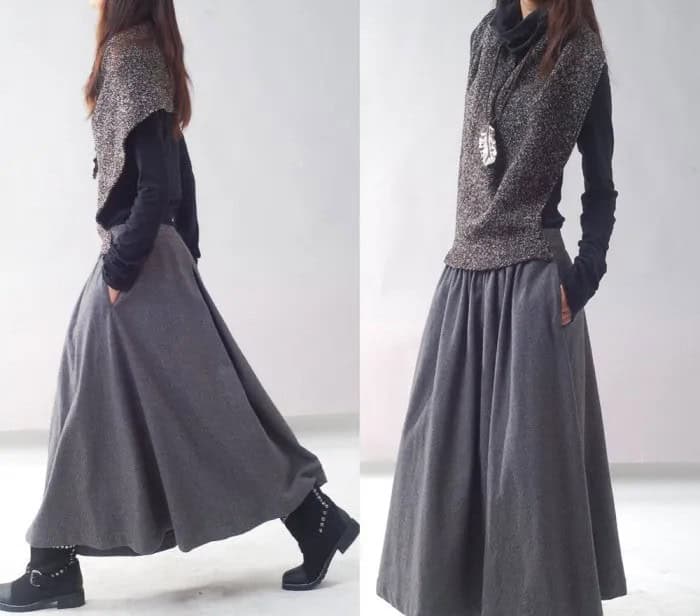 Grey Shawl with Black Blouse & Maxi Linen Skirt