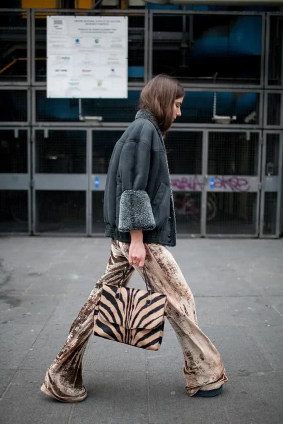 Shearling Jacket and Gold Velvet Pants