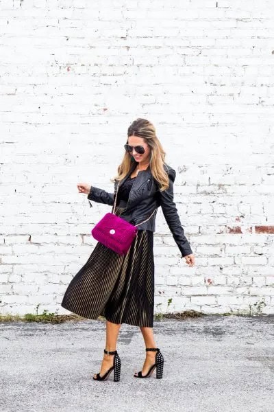 Black Leather Jacket with Velvet Pleated Dress