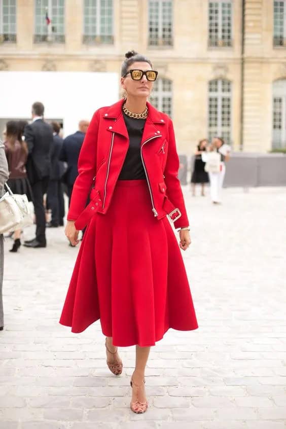 Red Skirt + Red Leather Jacket