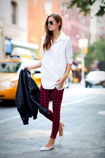 White Half Sleeve Shirt with Black and Red Plaid Leggings