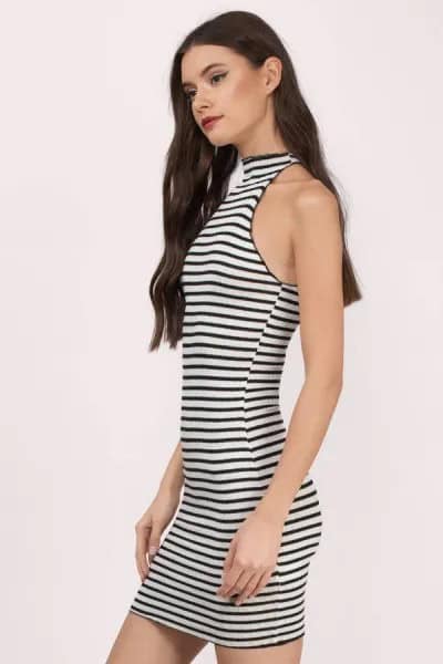 Black and White Striped High Neck Mini Dress