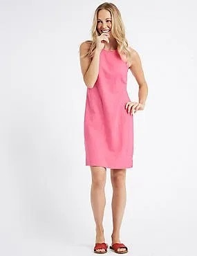 Hot Pink Sleeveless Tunic Dress with Brown Slide Sandals