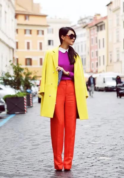 Yellow Coat with Purple Sweater & Orange Pants