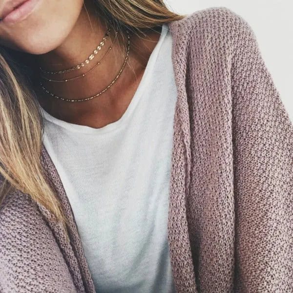 White T Shirt with Grey Cardigan & Gold Choker Necklace