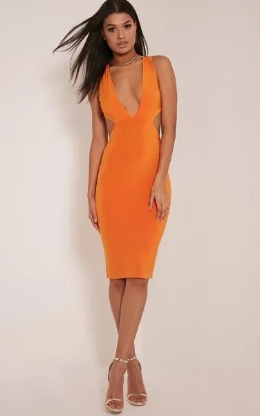 Deep V Neck Bodycon Midi Dress