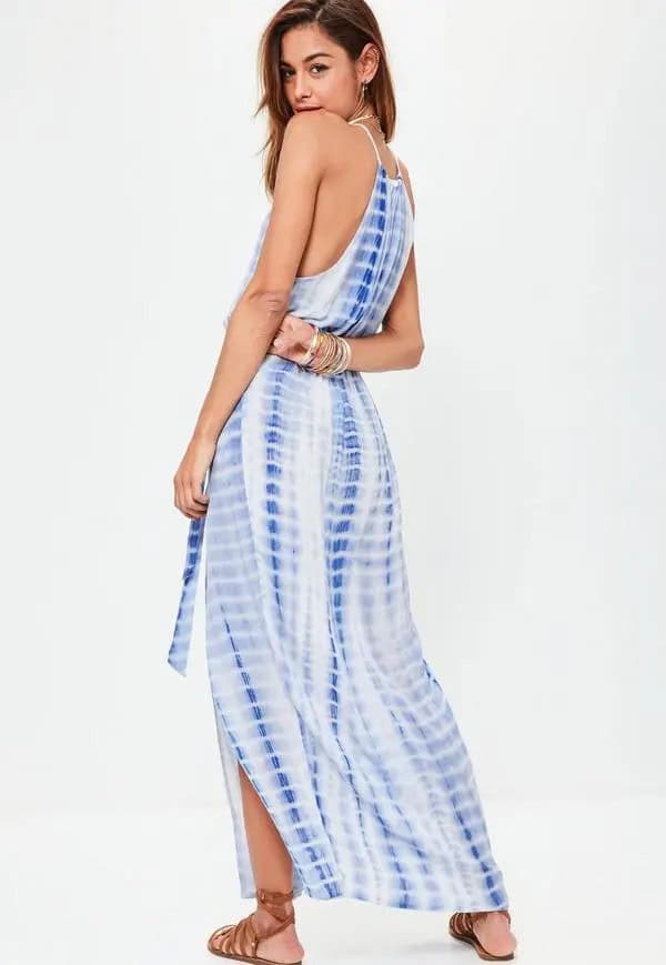 Blue Striped Tie Dye Maxi Dress