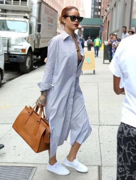 Light Blue Button Up Maxi Dress with White Sneakers