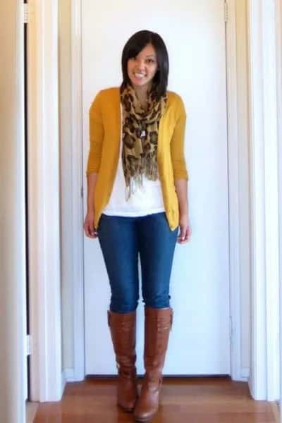 Mustard Yellow Sweater Cardigan with White Tee & Silk Fringe Scarf