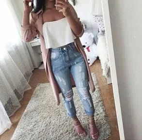 White Strapless Top with Grey Longline Blazer & Ripped Jeans