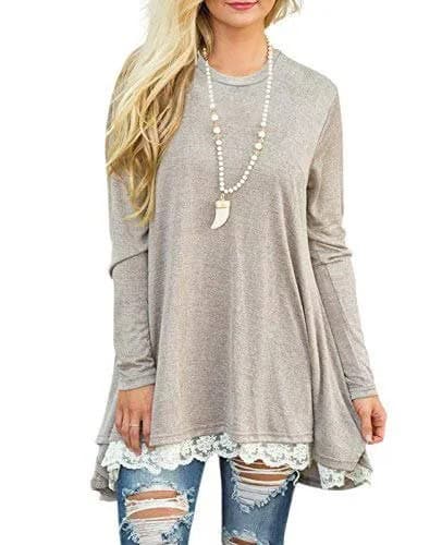 Light Grey Lace Scalloped Hem Long Sleeve Tunic Tee with Ripped Skinny Jeans