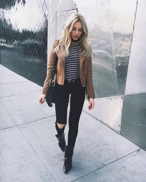 Matte Brown Leather Jacket with Striped Tee & Black Jeans