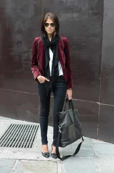 Grey Blazer with White Blouse & Black Long Scarf