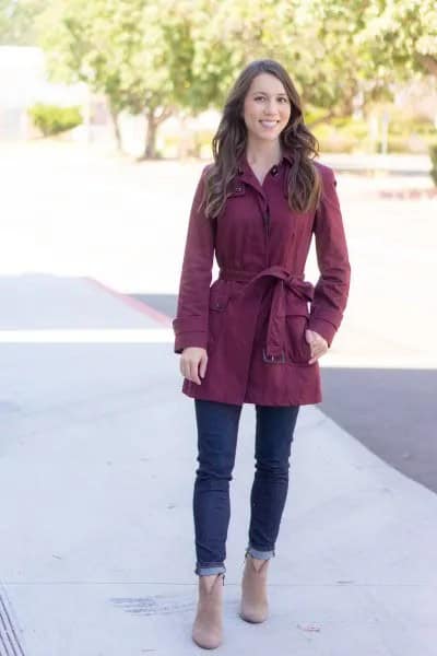 Grey Belted Parka Jacket with Cuffed Dark Blue Jeans