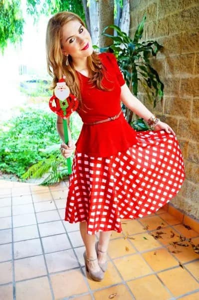 Red Belted Peplum Top with Flare Midi Skirt