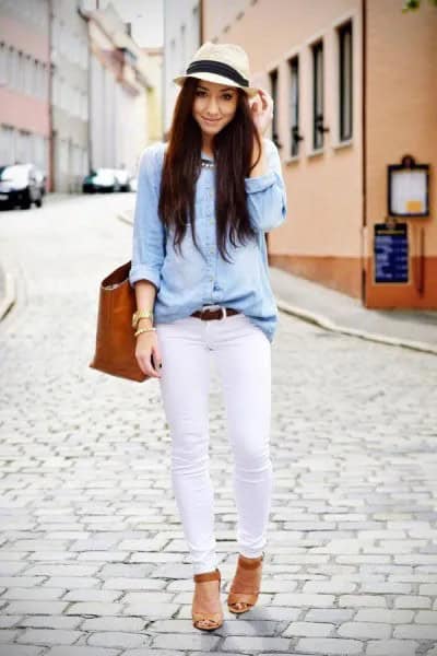 Light Blue Chambray Shirt with White Skinny Jeans & Straw Hat