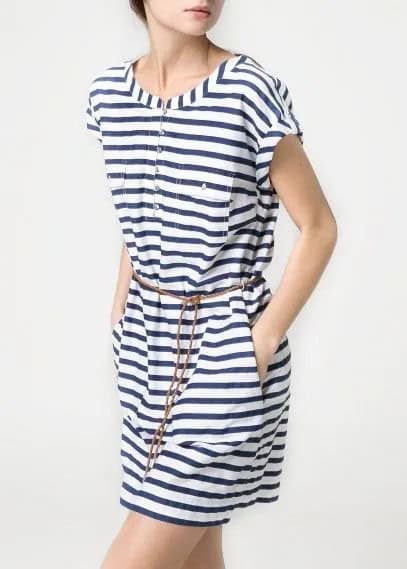 Navy and White Striped Belted Chemise Dress