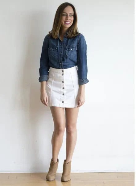 Blue Chambray Shirt with White Denim Button Front Skirt