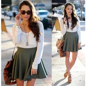 White Pocket Front Long Sleeve T Shirt with Grey High Waisted Mini Skirt