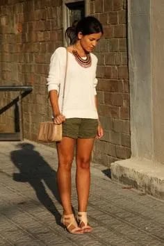 Green Khaki Shorts with White Fitted Sweater