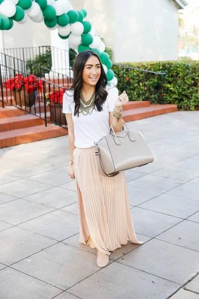 White T Shirt with Blush Pink Pleated Maxi Skirt