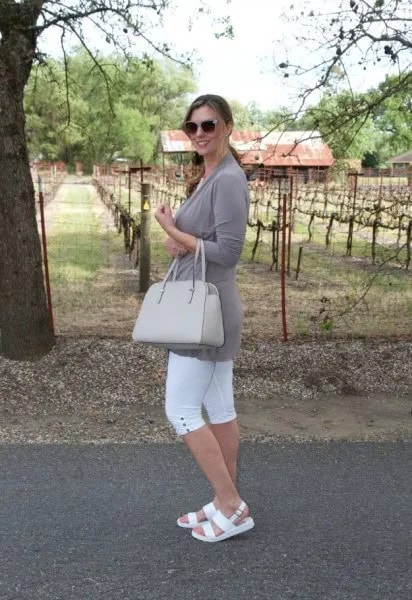 Grey Tunic Long Sleeve Tee with White Sandals