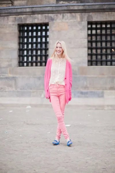 Blue Embroidered Loafers with Neon Pink Cardigan & Blush Skinny Jeans