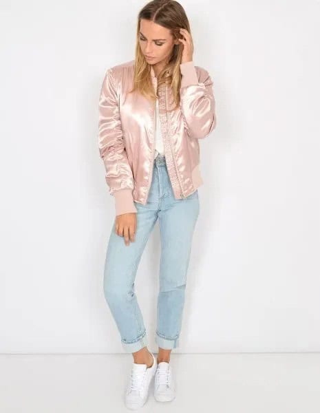 Rose Gold Bomber Jacket with Mom Jeans