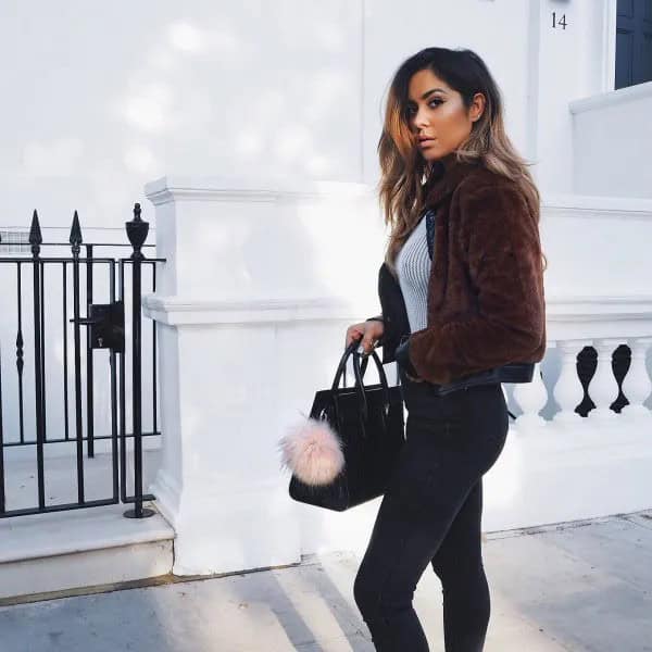 Brown Jacket with Black and White Striped Form Fitting Tee & Skinny Jeans