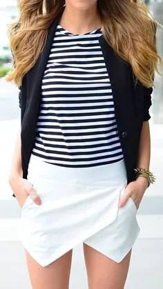 Black and White Striped Tee with Blazer & Mini Envelope Skirt