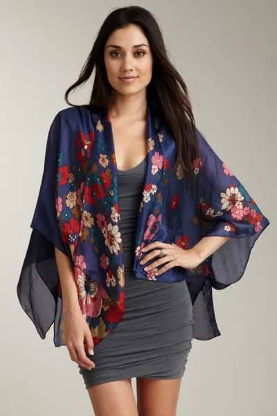 Navy Blue Floral Printed Chiffon Cardigan with Grey Scoop Neck Bodycon Dress