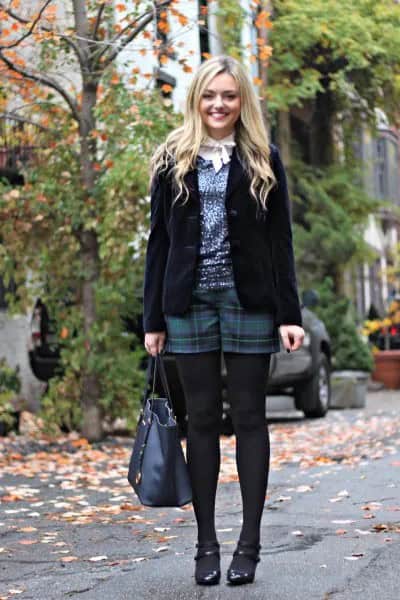 Blue Sequin Sweater with Grey Mini Shorts & Stockings