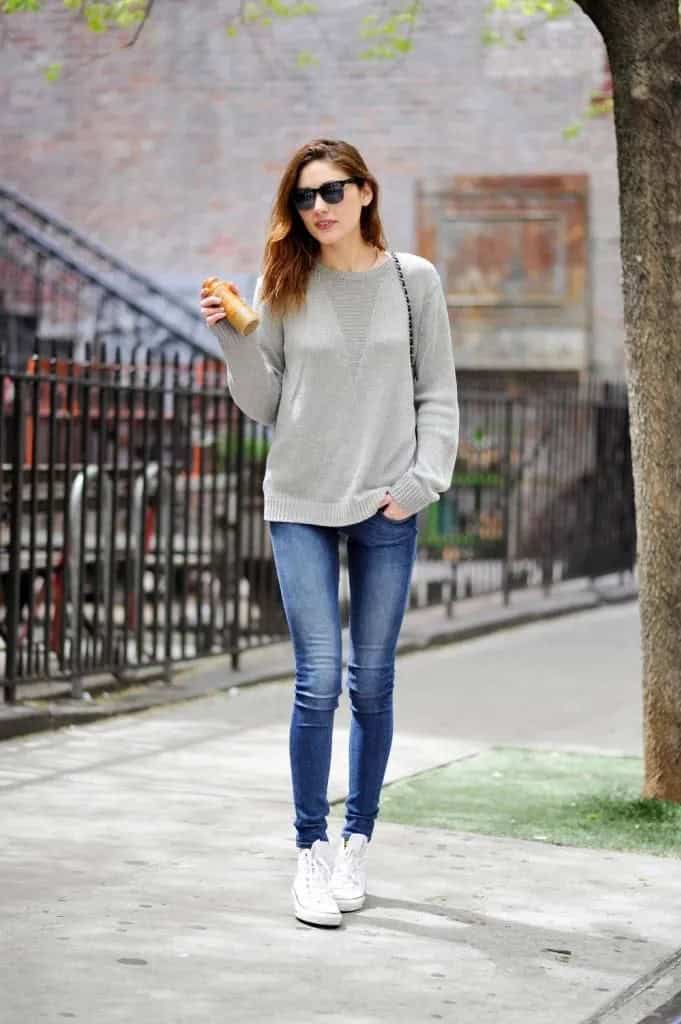 White High Top with Grey Sweater & Skinny Jeans