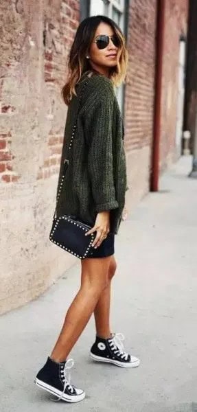 Grey Knit Sweater, Black Skirt with High Top Converse